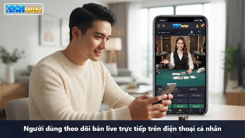 Sảnh Casino 358WIN với dealer và các bàn chơi trực tiếp